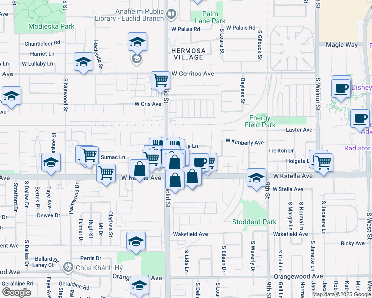map of restaurants, bars, coffee shops, grocery stores, and more near 1660 West Sallie Lane in Anaheim