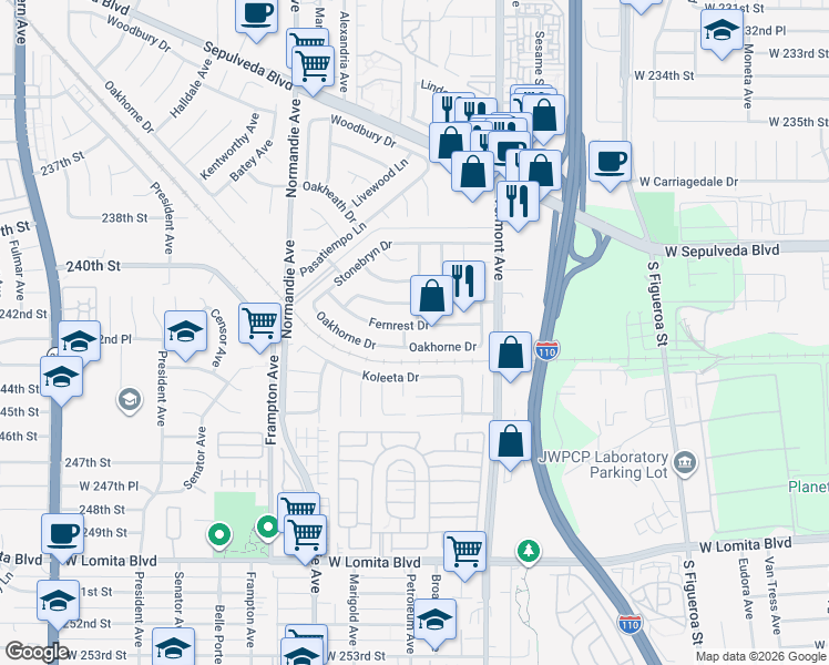 map of restaurants, bars, coffee shops, grocery stores, and more near 961 Fernrest Drive in West Carson