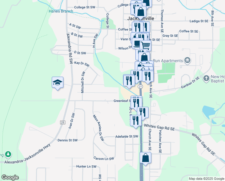 map of restaurants, bars, coffee shops, grocery stores, and more near 2132 Finley Street Southwest in Jacksonville