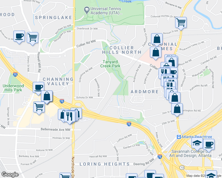 map of restaurants, bars, coffee shops, grocery stores, and more near 1843 Walthall Drive Northwest in Atlanta
