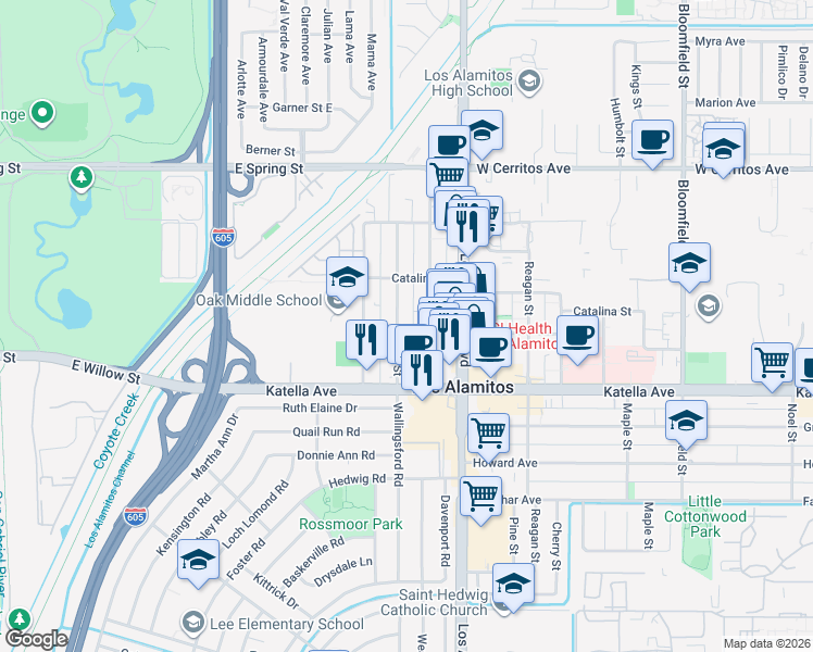 map of restaurants, bars, coffee shops, grocery stores, and more near 10852 Walnut Street in Los Alamitos