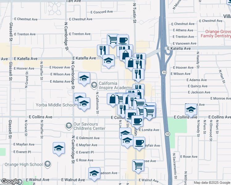 map of restaurants, bars, coffee shops, grocery stores, and more near 1412 East Quincy Avenue in Orange