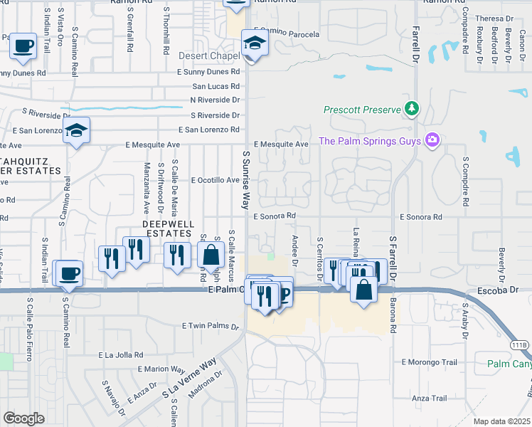 map of restaurants, bars, coffee shops, grocery stores, and more near 1758 East Sonora Road in Palm Springs