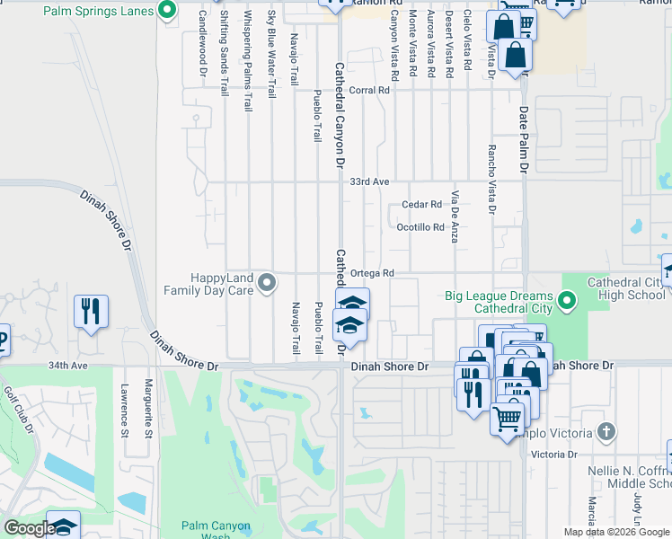 map of restaurants, bars, coffee shops, grocery stores, and more near 33495 Cathedral Canyon Drive in Cathedral City