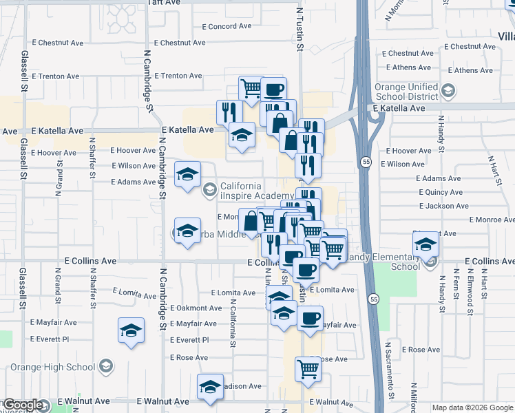 map of restaurants, bars, coffee shops, grocery stores, and more near 1412 East Quincy Avenue in Orange