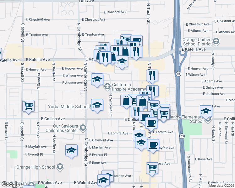 map of restaurants, bars, coffee shops, grocery stores, and more near 1071 North Gardner Drive in Orange