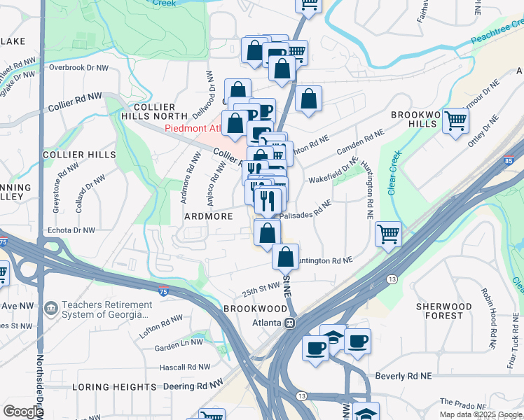 map of restaurants, bars, coffee shops, grocery stores, and more near 1820 Peachtree Road Northwest in Atlanta