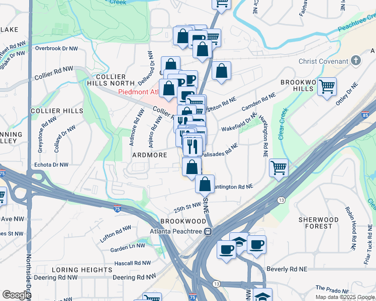 map of restaurants, bars, coffee shops, grocery stores, and more near 1820 Peachtree Street Northwest in Atlanta