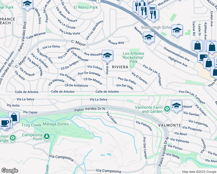 map of restaurants, bars, coffee shops, grocery stores, and more near 445 Vía Colusa in Torrance