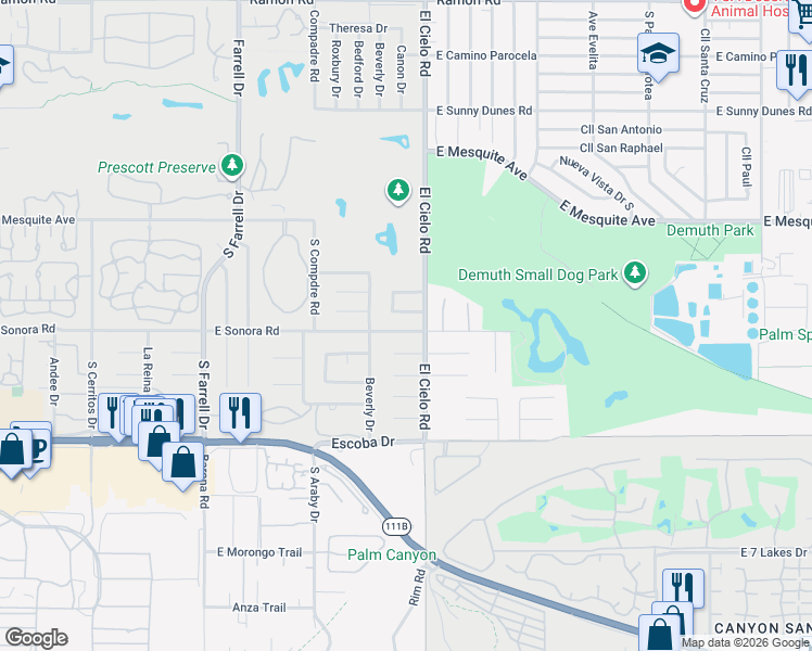 map of restaurants, bars, coffee shops, grocery stores, and more near 3285 Cambridge Court South in Palm Springs