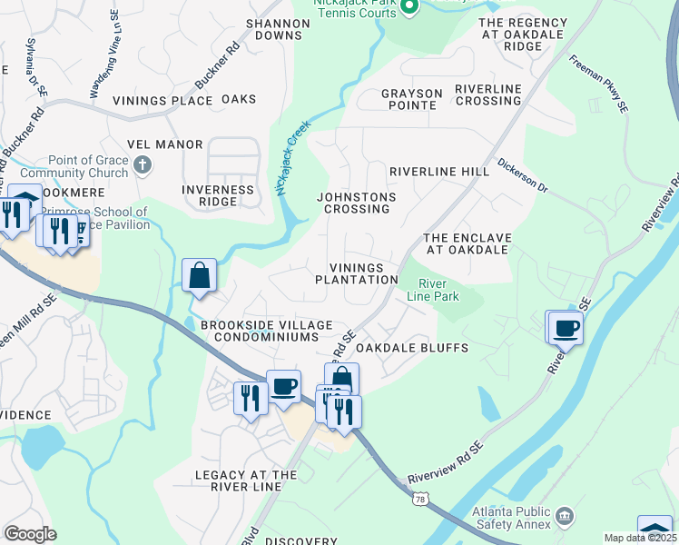 map of restaurants, bars, coffee shops, grocery stores, and more near 6034 Farmwood Way Southeast in Mableton