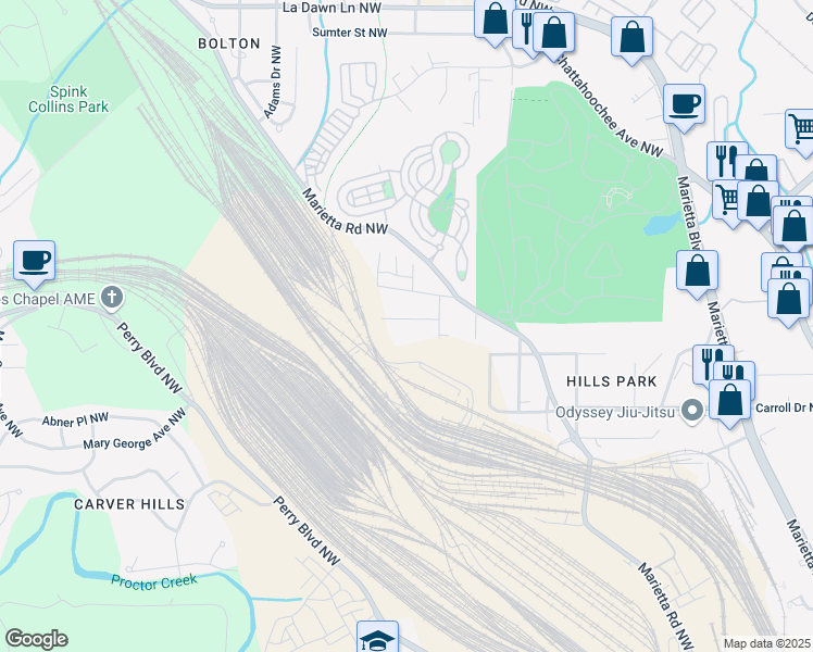 map of restaurants, bars, coffee shops, grocery stores, and more near 1882 Francis Avenue Northwest in Atlanta
