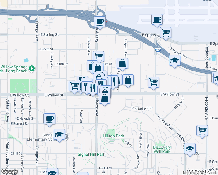 map of restaurants, bars, coffee shops, grocery stores, and more near 2639 Dawson Ave in Signal Hill