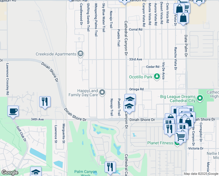 map of restaurants, bars, coffee shops, grocery stores, and more near 33477 Navajo Trail in Cathedral City