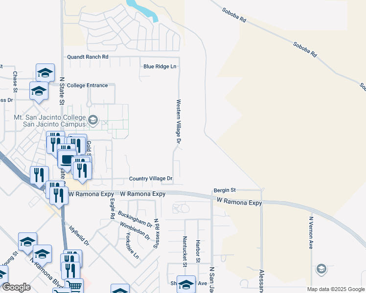 map of restaurants, bars, coffee shops, grocery stores, and more near 215 Yellowstone Court in San Jacinto