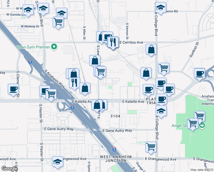map of restaurants, bars, coffee shops, grocery stores, and more near 915 E. Mason Ln in Anaheim
