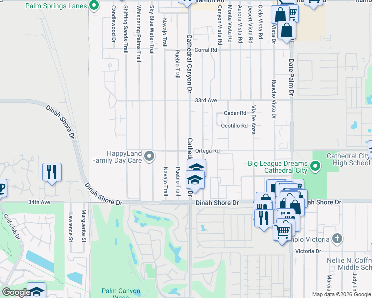 map of restaurants, bars, coffee shops, grocery stores, and more near 33495 Cathedral Canyon Drive in Cathedral City