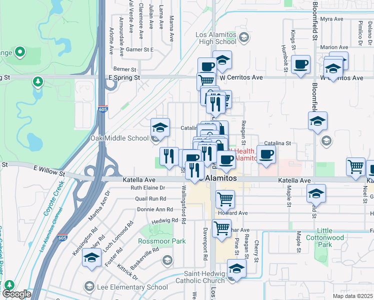 map of restaurants, bars, coffee shops, grocery stores, and more near 10852 Walnut Street in Los Alamitos