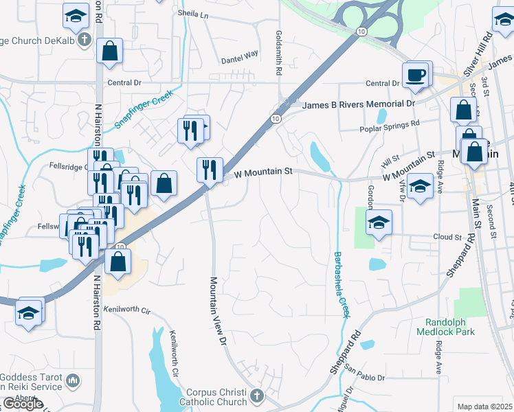 map of restaurants, bars, coffee shops, grocery stores, and more near 900 Mountain View Drive in Stone Mountain