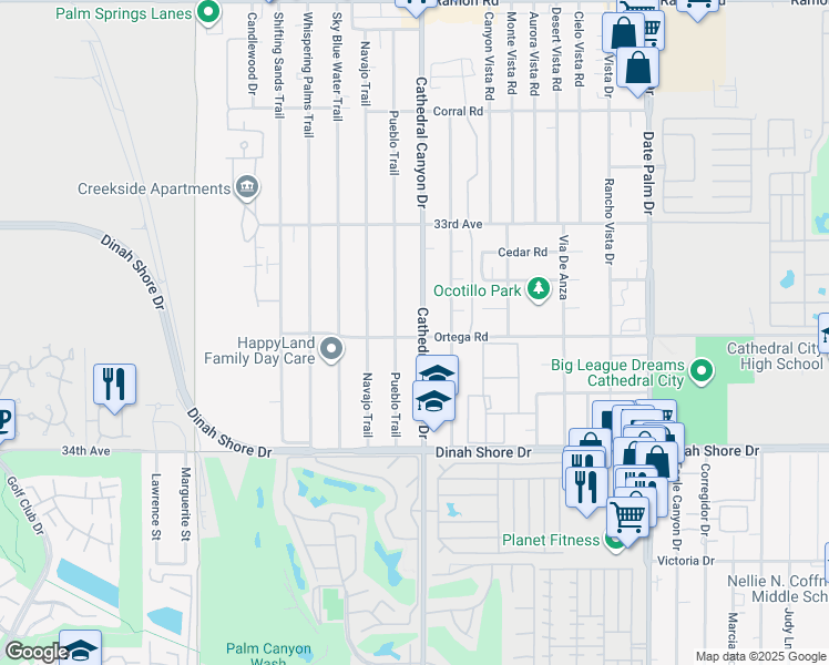 map of restaurants, bars, coffee shops, grocery stores, and more near 33434 Pueblo Trail in Cathedral City