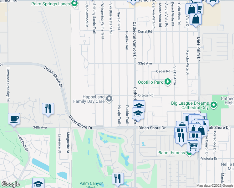 map of restaurants, bars, coffee shops, grocery stores, and more near 33477 Navajo Trail in Cathedral City