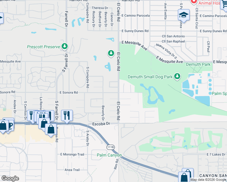 map of restaurants, bars, coffee shops, grocery stores, and more near 3285 Cambridge Court South in Palm Springs