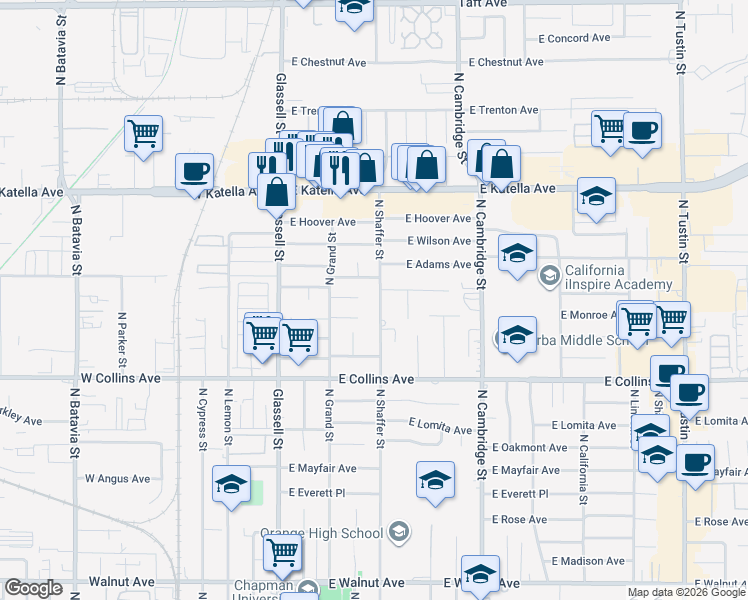 map of restaurants, bars, coffee shops, grocery stores, and more near 1066 North Shaffer Street in Orange