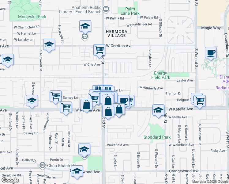 map of restaurants, bars, coffee shops, grocery stores, and more near 1672 South Inez Way in Anaheim