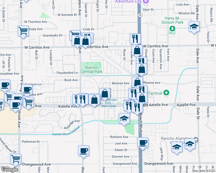map of restaurants, bars, coffee shops, grocery stores, and more near 10812 Oak Street in Stanton