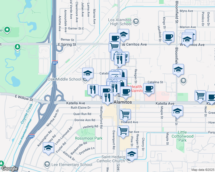 map of restaurants, bars, coffee shops, grocery stores, and more near 10824 Walnut Street in Los Alamitos