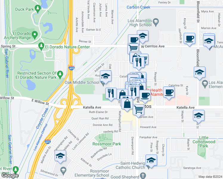 map of restaurants, bars, coffee shops, grocery stores, and more near 10824 Oak Street in Los Alamitos