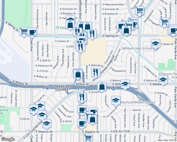 map of restaurants, bars, coffee shops, grocery stores, and more near 2721 Chatwin Avenue in Long Beach