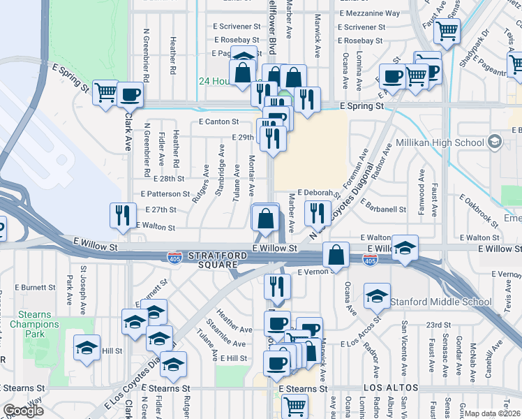 map of restaurants, bars, coffee shops, grocery stores, and more near 2721 Montair Avenue in Long Beach