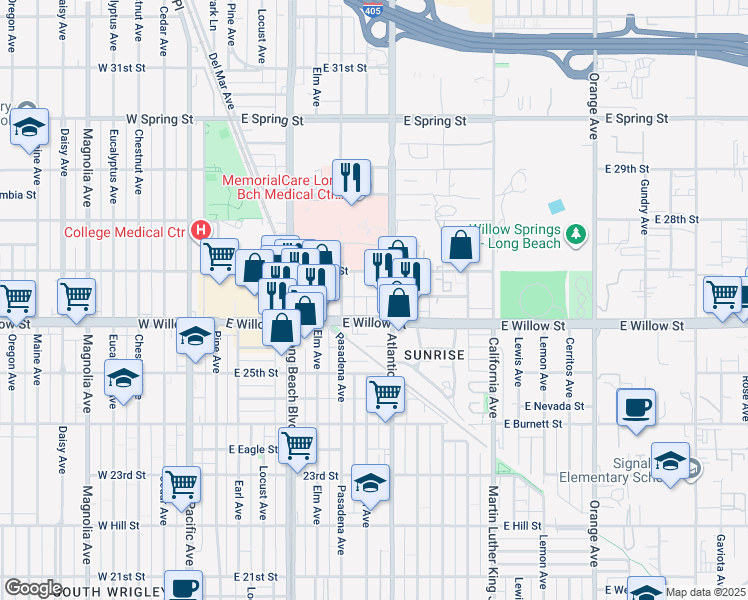 map of restaurants, bars, coffee shops, grocery stores, and more near 2691 Linden Avenue in Long Beach