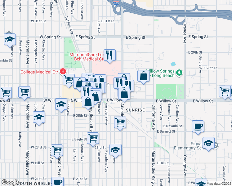 map of restaurants, bars, coffee shops, grocery stores, and more near 2691 Linden Avenue in Long Beach