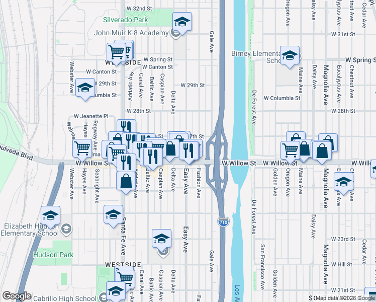 map of restaurants, bars, coffee shops, grocery stores, and more near 2651 Easy Avenue in Long Beach