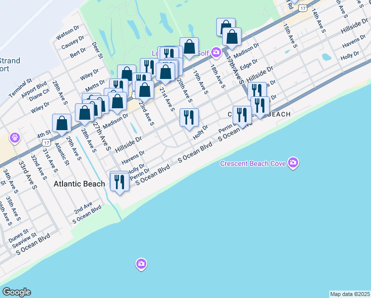 map of restaurants, bars, coffee shops, grocery stores, and more near 2018 Perrin Drive in North Myrtle Beach