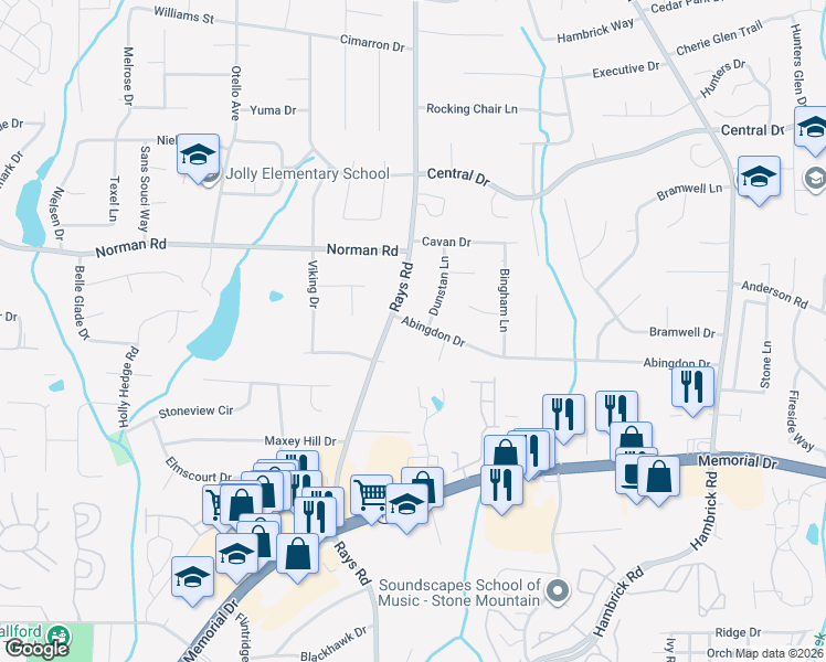 map of restaurants, bars, coffee shops, grocery stores, and more near 4193 Abingdon Drive in Stone Mountain