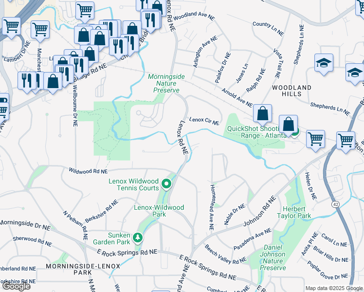 map of restaurants, bars, coffee shops, grocery stores, and more near 1876 Lenox Road Northeast in Atlanta