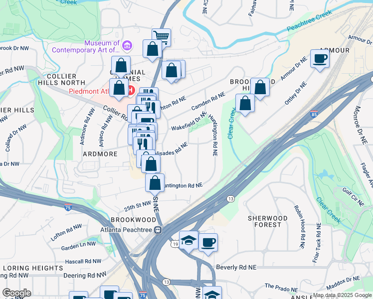 map of restaurants, bars, coffee shops, grocery stores, and more near 41 Palisades Road Northeast in Atlanta