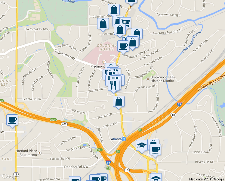 map of restaurants, bars, coffee shops, grocery stores, and more near 1820 Peachtree Street Northwest in Atlanta