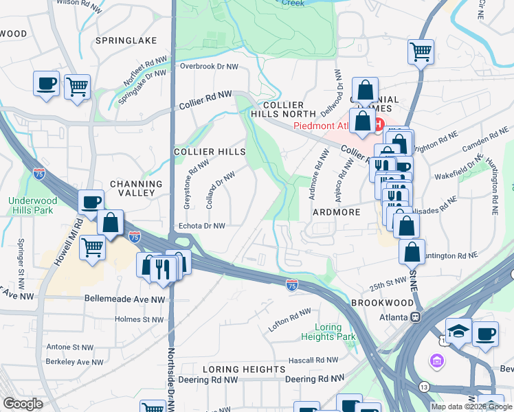 map of restaurants, bars, coffee shops, grocery stores, and more near 1843 Walthall Drive Northwest in Atlanta
