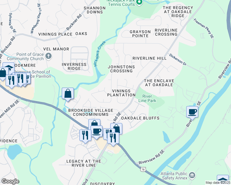 map of restaurants, bars, coffee shops, grocery stores, and more near 6034 Farmwood Way Southeast in Mableton