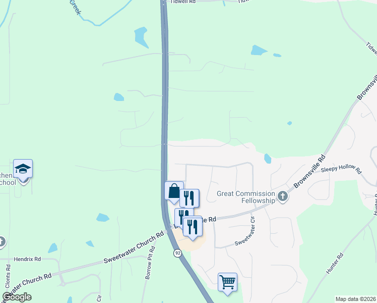 map of restaurants, bars, coffee shops, grocery stores, and more near 102 Indian Trail Drive in Powder Springs