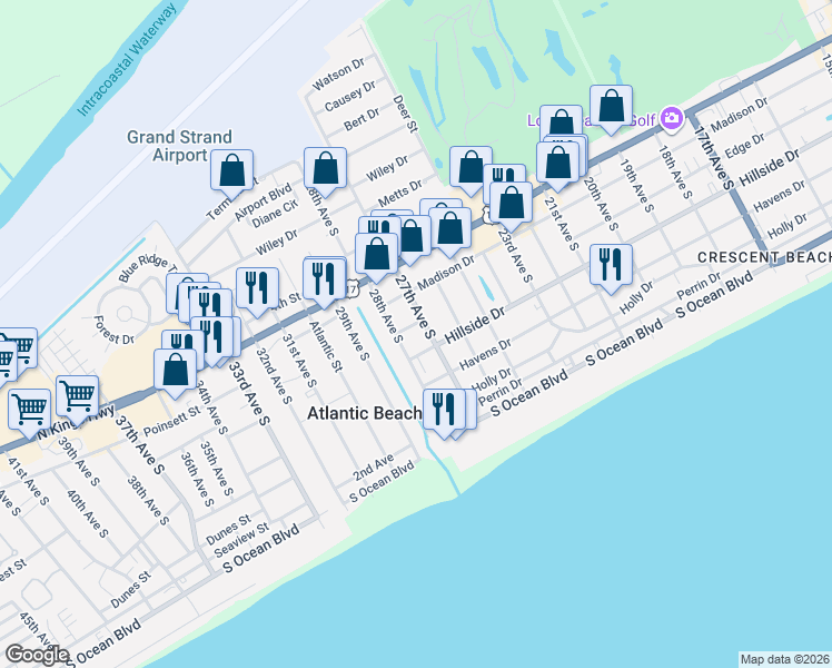 map of restaurants, bars, coffee shops, grocery stores, and more near 608 27th Avenue South in North Myrtle Beach