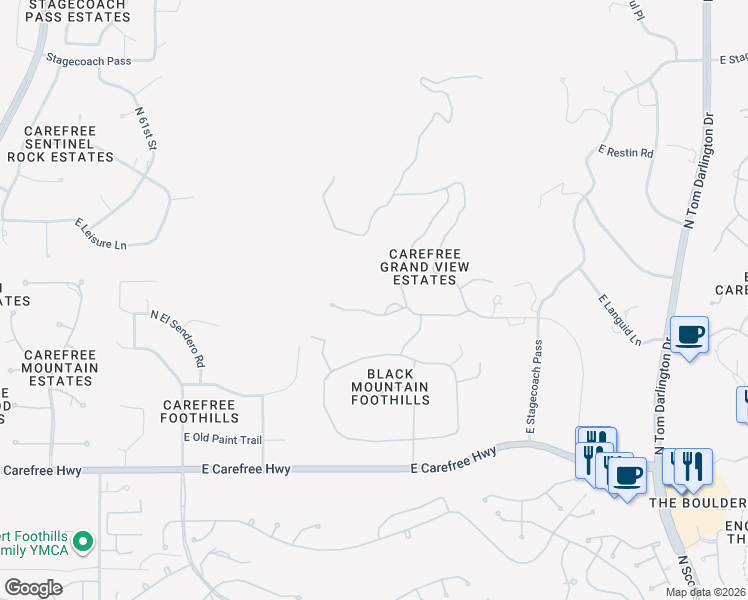 map of restaurants, bars, coffee shops, grocery stores, and more near 6520 North El Sendero Road in Carefree