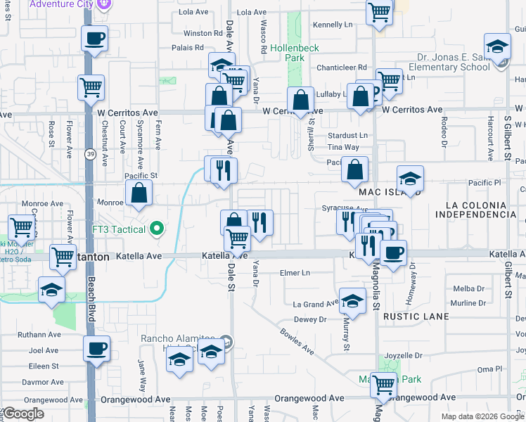 map of restaurants, bars, coffee shops, grocery stores, and more near 10800 Dale Avenue in Stanton