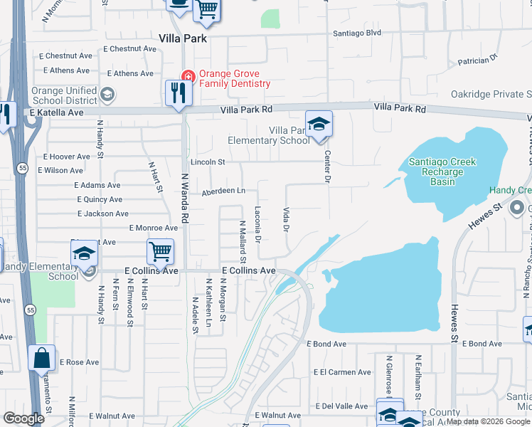 map of restaurants, bars, coffee shops, grocery stores, and more near 10791 Laconia Drive in Villa Park