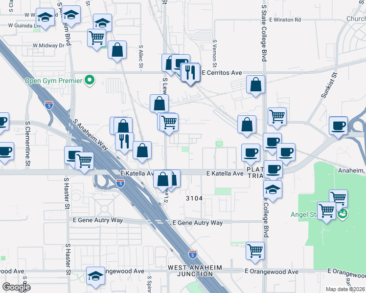 map of restaurants, bars, coffee shops, grocery stores, and more near 915 E. Mason Ln in Anaheim