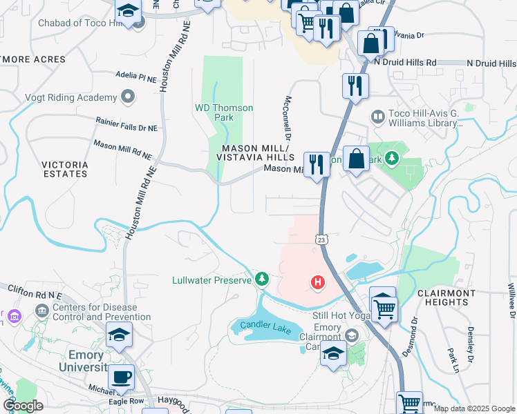 map of restaurants, bars, coffee shops, grocery stores, and more near 933 Vistavia Circle in Decatur